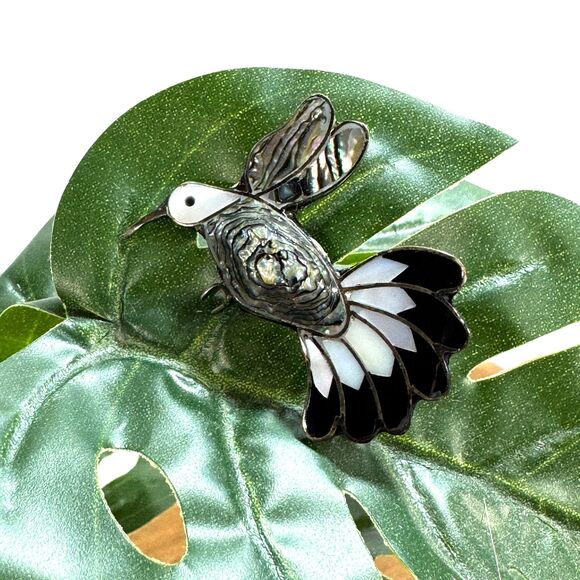 Vintage German Silver Hummingbird Brooch Pin with Abalone and Red & White Shell - Picture 1 of 5